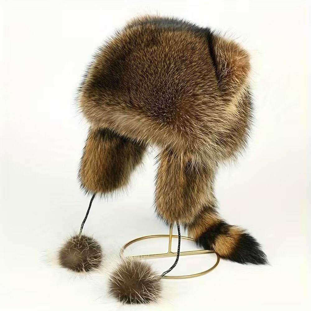 Cute Kawaii Warm Fuzzy Raccoon Tail Cosplay Plush Animal Fur Hat w/ Ears